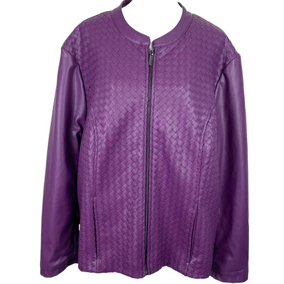 Colleen Lopez Womens 2XL Purple Faux Leather Knit Sides Zip Up Jacket - Picture 1 of 13
